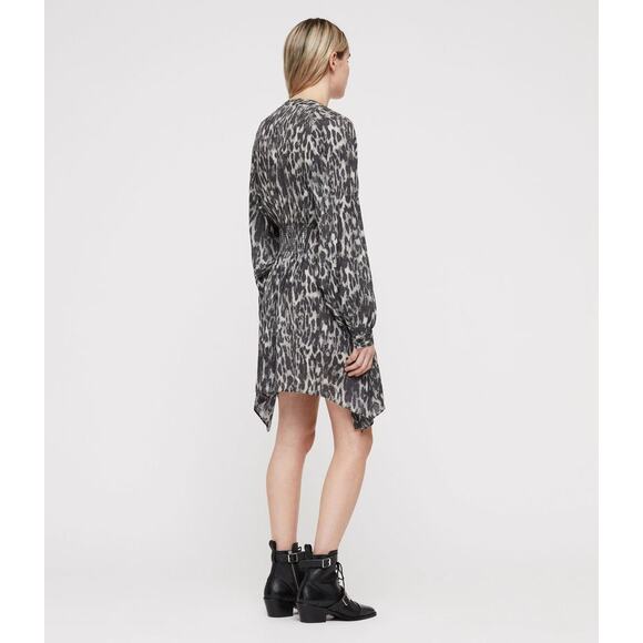 All Saints Nichola Gray Leopard Animal V-Neck Handkerchief Mini Dress Size M - Picture 4 of 15